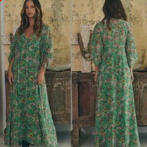Free People Earthfolk Green Long Sleeve Sheer Floral Maxi Dress S